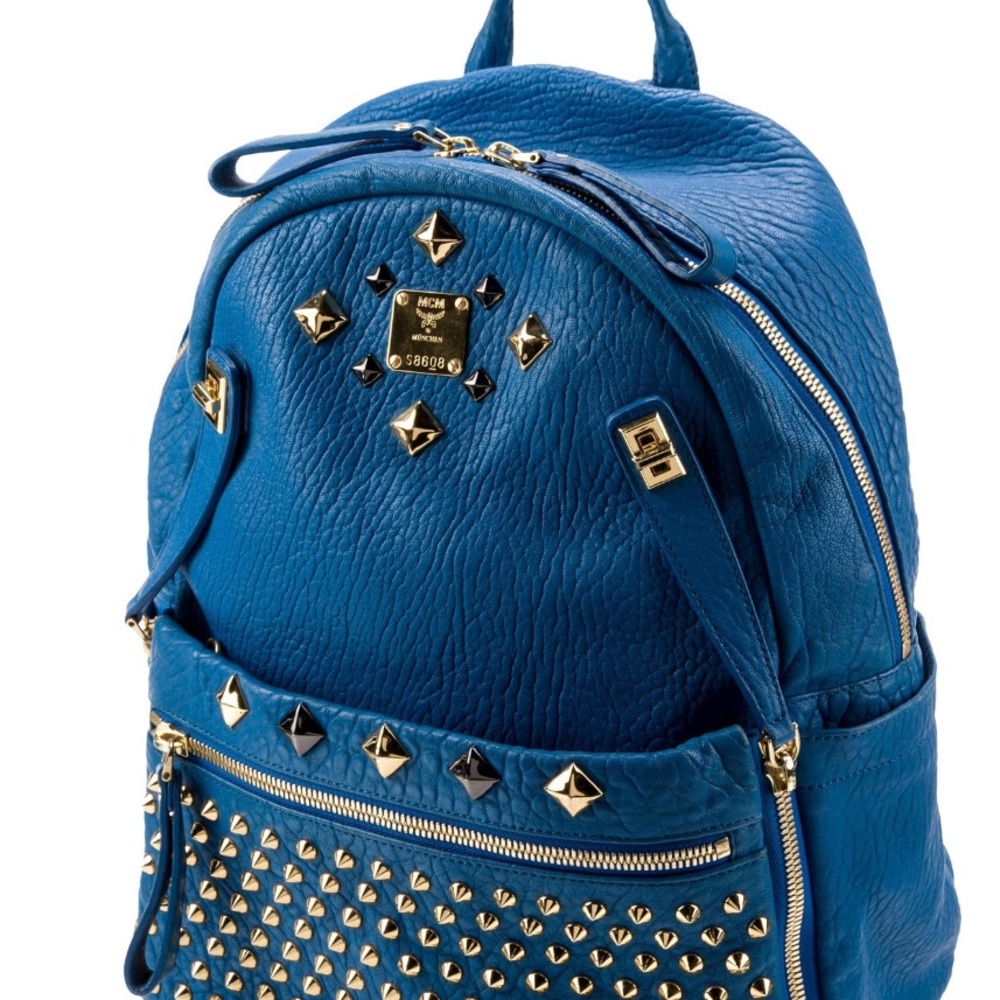 MCM Blue Leather Backpack Gold & Gunmetal Accents Removable Clutch - Picture 3 of 8
